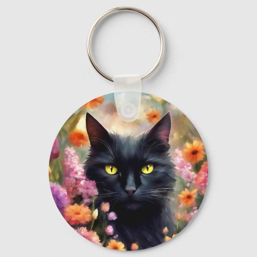 Zwarte kat bloemen tuin kat 736 sleutelhanger (Voorkant)