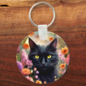 Zwarte kat bloemen tuin kat 736 sleutelhanger (Achterkant)