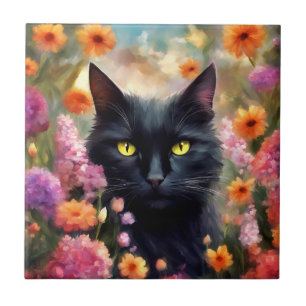 Zwarte kat bloemen tuin kat 736 tegeltje