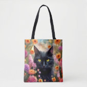 Zwarte kat bloemen tuin kat 736 tote bag (Voorkant)