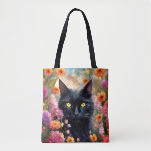 Zwarte kat bloemen tuin kat 736 tote bag (Voorkant)