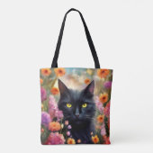 Zwarte kat bloemen tuin kat 736 tote bag (Achterkant)