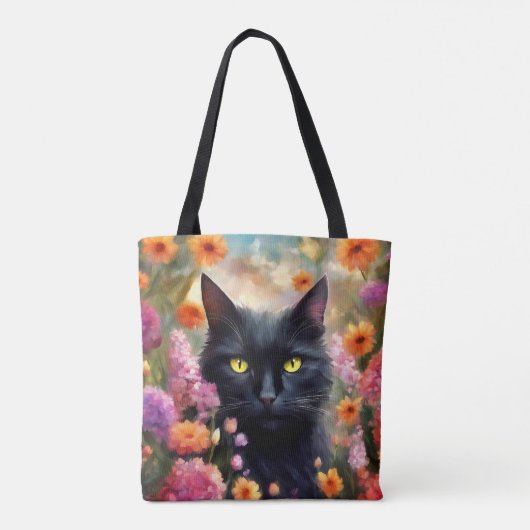Zwarte kat bloemen tuin kat 736 tote bag (Achterkant)