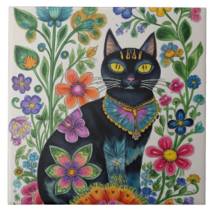 Zwarte kat, bloemen, vlinders, native art tegeltje