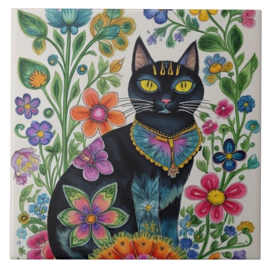 Zwarte kat, bloemen, vlinders, native art tegeltje (Voorkant)