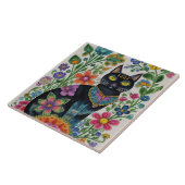 Zwarte kat, bloemen, vlinders, native art tegeltje (Zijkant)