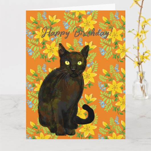 zwarte kat bloemenkaart kaart (Gele Bloem)