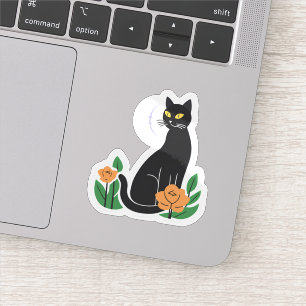 Zwarte Kat   Bloemige Cute Kat Sticker