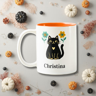 Zwarte Kat Bloemige Halloween Tweekleurige Koffiemok