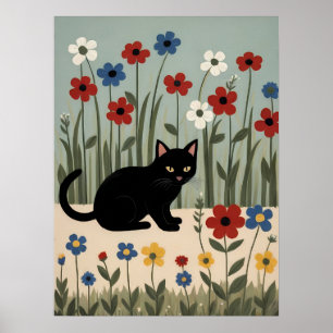 Zwarte Kat Bloemrijke Kunstige Muurdecoratie voor Poster