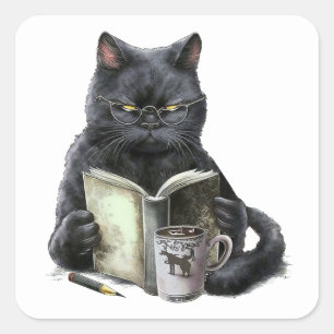 Zwarte Kat Boek Liefhebber Boekenwurm Koffie Lezen Vierkante Sticker