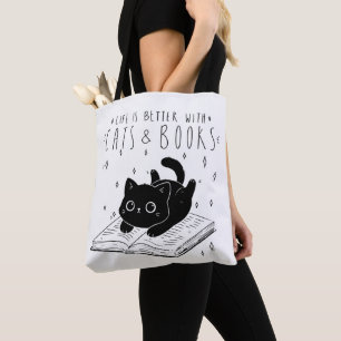 Zwarte kat boekliefhebber boodschappentas met cute tote bag