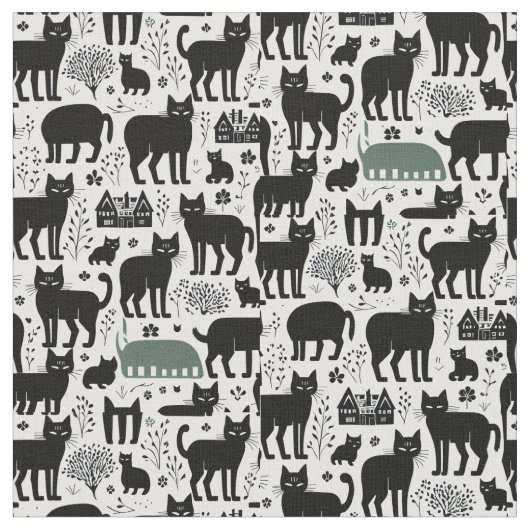 Zwarte kat botanisch wit patroon moderne boho stof (Close Up)