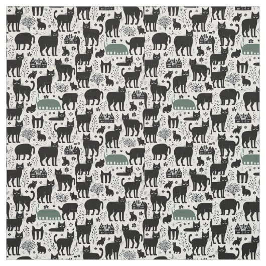Zwarte kat botanisch wit patroon moderne boho stof (Swatch)