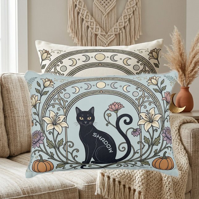 Zwarte Kat Botanische Kunst Pastelgroene Maan Halv Accent Kussen (Black Cat Botanical Art Pastel Green Moon Crescent Accent Pillow)