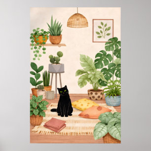 Zwarte Kat Botanische Print, Gezellige Boho Plant Poster