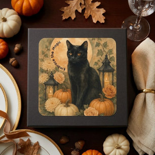 Zwarte Kat Botanische Vintage Halloween Pompoenen  Vierkante Sticker