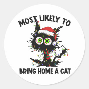 Zwarte kat brengt hoogstwaarschijnlijk een kerstka ronde sticker