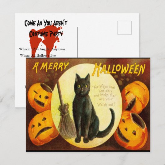  zwarte kat - broektekst halloween party Invi Uitnodiging Briefkaart (Voorkant / Achterkant)