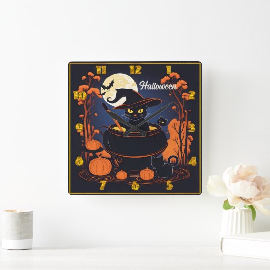 Zwarte kat brouwt drankjes onder een Halloween maa Vierkante Klok (Huis)