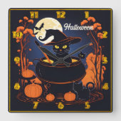 Zwarte kat brouwt drankjes onder een Halloween maa Vierkante Klok (Voorkant)
