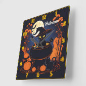 Zwarte kat brouwt drankjes onder een Halloween maa Vierkante Klok (Hoek)