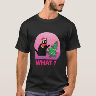 Zwarte kat Cadeau Duwen Kerstboom Omver kat Wha T-shirt