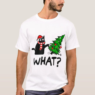Zwarte kat cadeau duwen kerstboom over kat t-shirt