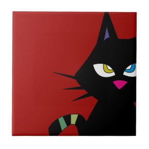 Zwarte kat-Cartoon op rood Tegeltje