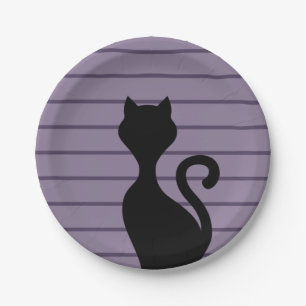 Zwarte kat cartoon silhouet paarse strepen papieren bordje