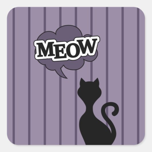 Zwarte kat cartoon zegt miauw vierkante sticker (Voorkant)