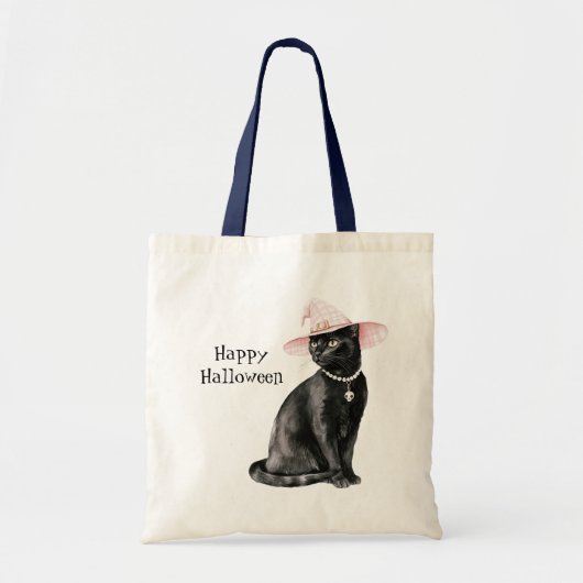 Zwarte Kat Chic Roze Hoed Halloween Tote Bag (Voorkant)
