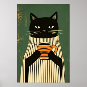 Zwarte Kat Coffee Poster, Minimalistische Kat Muur Poster