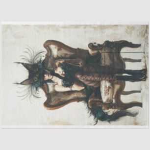 Zwarte kat dame in zwart en pauw decoupage tissuepapier