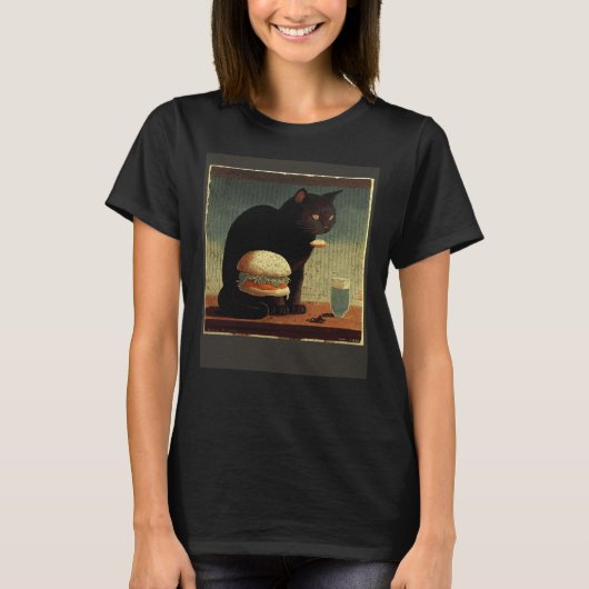 Zwarte Kat Denkende Hamburger T-shirt (Voorkant)