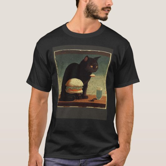 Zwarte Kat Denkende Hamburger T-shirt (Voorkant)