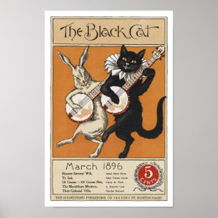 Zwarte kat die Banjo speelt, onbekende kunstenaar Poster