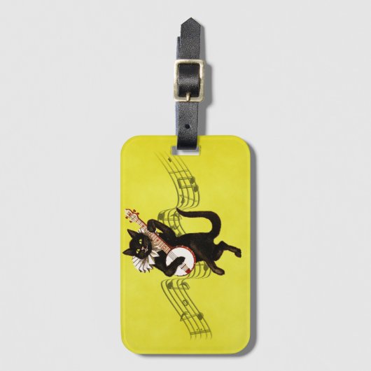 Zwarte  kat die banjo speelt op Muzieknoten Bagagelabel (Voorkant (verticaal))