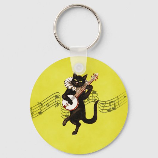 Zwarte  kat die banjo speelt op Muzieknoten Sleutelhanger (Voorkant)