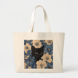 Zwarte Kat die door Blauwe en Crème Bloemen gluurt Grote Tote Bag