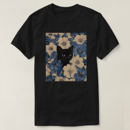 Zwarte Kat die door Blauwe en Crème Bloemen gluurt T-shirt