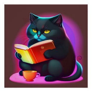 Zwarte kat die een boek leest Poster