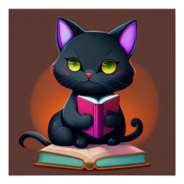 Zwarte kat die een boek leest Poster