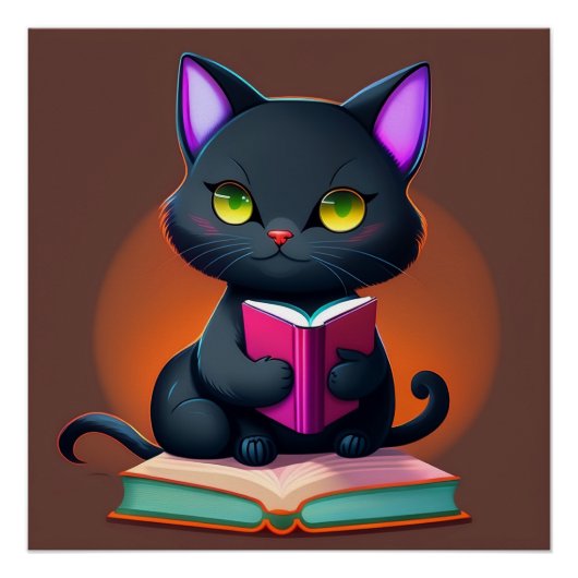Zwarte kat die een boek leest Poster (Voorkant)