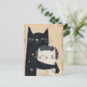 Zwarte kat die een egel knuffelt briefkaart (Staand voorkant)