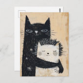 Zwarte kat die een egel knuffelt briefkaart (Voorkant / Achterkant)