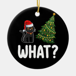 Zwarte kat die een kerstboom grappig duwt keramisch ornament