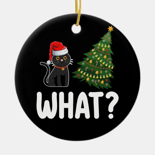Zwarte kat die een kerstboom grappig duwt keramisch ornament (Voorkant)