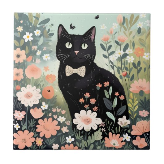 Zwarte kat die een strik stropdas draagt zittend tegeltje (Voorkant)