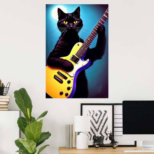 Zwarte kat die gitaar speelt | AI Art. Poster (Thuiskantoor)